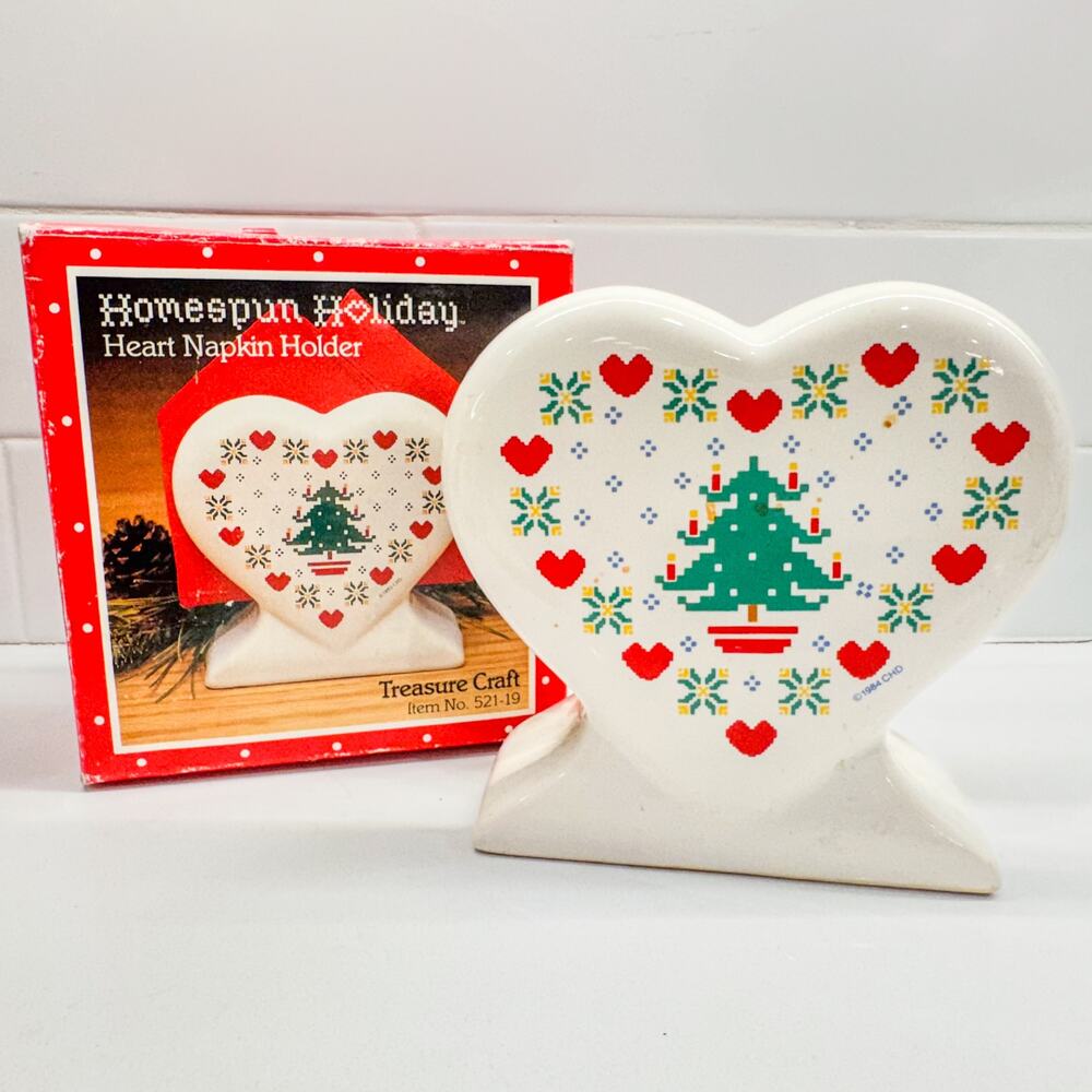 VTG 1984 Treasure Craft Homespun Holiday Ceramic Heart Napkin Holder with Box